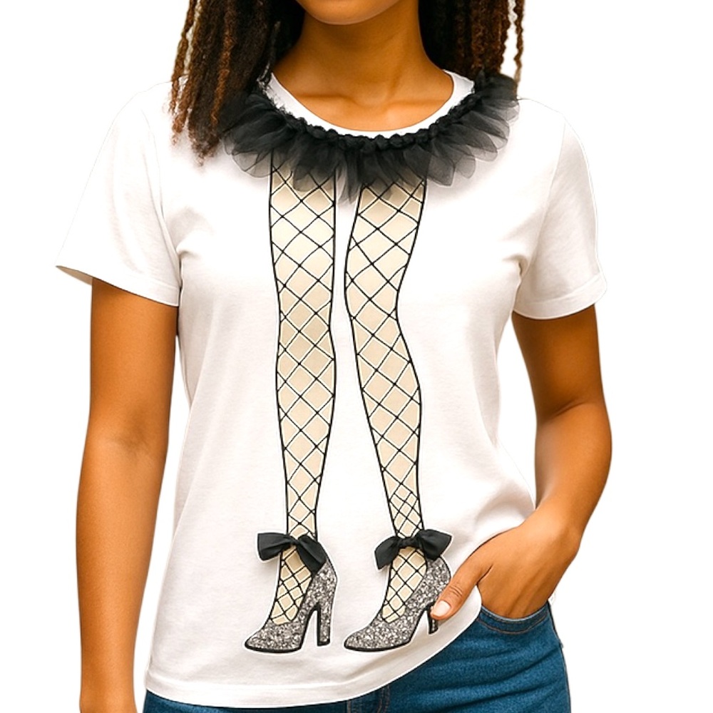 VO Jeans Graphic Legs Tulle Neck White Short Sleeves Top NWOT Women’s SZ Large